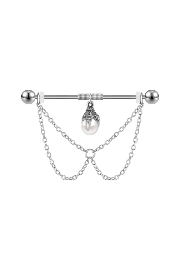 14G Pearl Industrial Barbell Jewelry Chain Dangle Cartilage Conch Piercing Dragon Claw Earrings Piercing