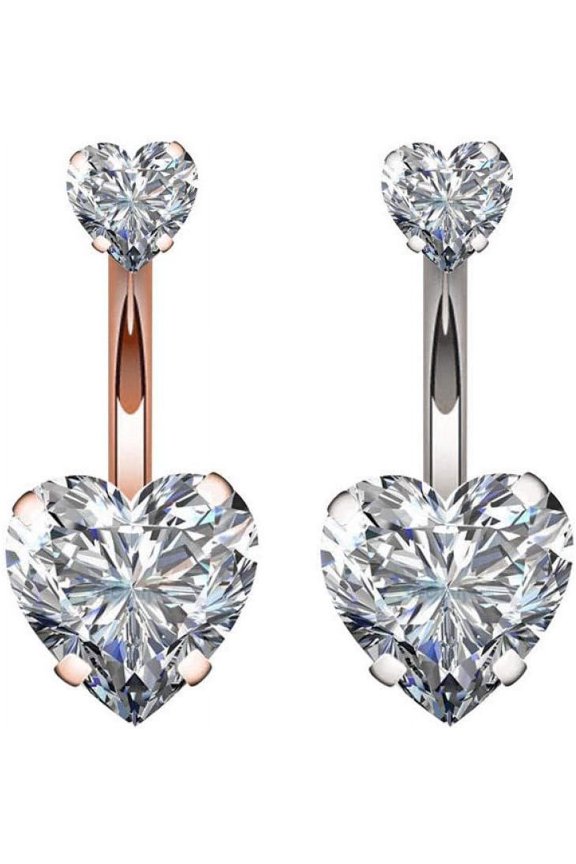 14G Surgical Steel Belly Button Rings Double Heart Cubic Zirconia Navel Barbell Stud Body Piercing