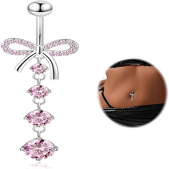 DESIGNICE 14G Titanium Dangle Belly Button Ring for Women Dangling Navel Ring Hypoallergenic Belly Ring Externally Threaded Barbell Cz Bow Navel Piercing Jewelry