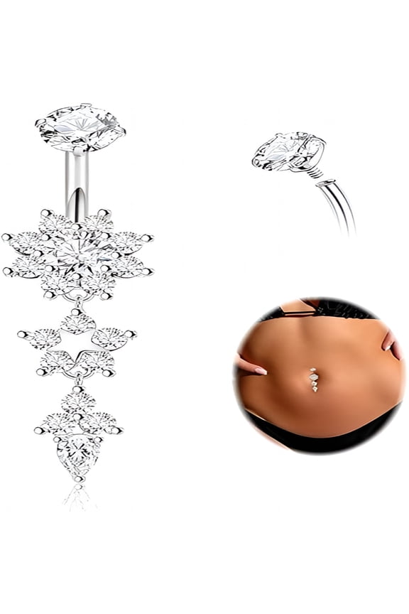 14G Titanium Dangle Belly Button Rings for Women Cz Round Belly Rings Internally Threaded Flower Navel Ring Hypoallergenic Curved Barbell Belly Piercing Jewelry