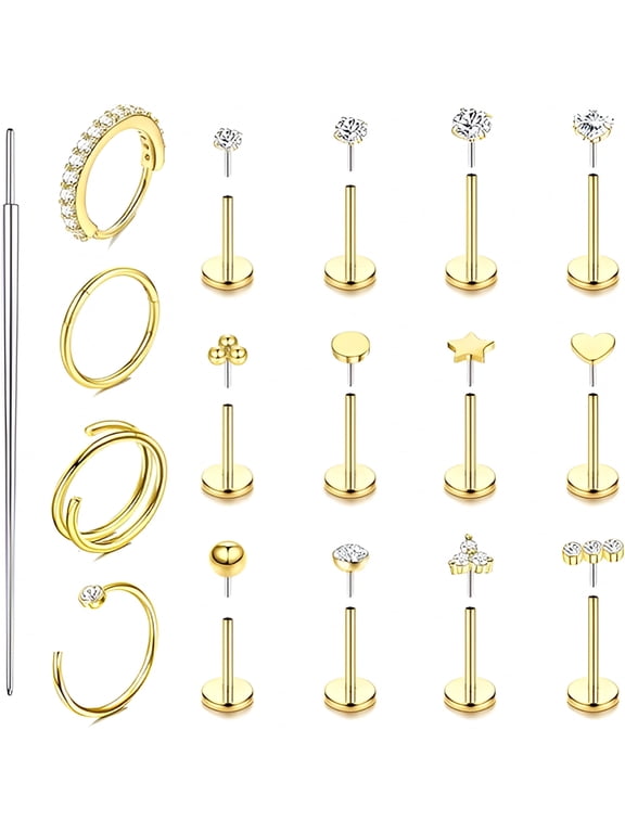 14K Gold Filled Nose Rings Studs Hoops for Women Men 20G 18G Hypoallergenic Surgical Steel Push in Threadless Flat Back Earrings Cz Helix Tragus Lip Cartilage Nostril Piercing Jewelry
