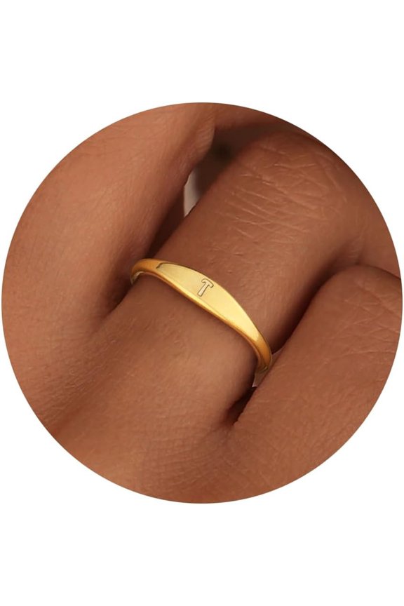 14K Gold Filled Rings for Women Non Tarnish Initial Pinky Ring Dainty Stackable Signet Letter Personalized Gold Rings Stacking Thumb Bands Cute Simple Waterproof Custom Jewelry Gifts Size7