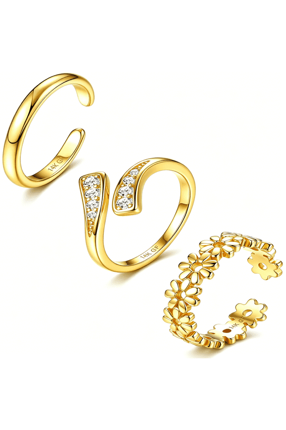 14K Gold Filled Toe Rings for Women Non Tarnish,Adjustable Open Band Toe Rings Trendy Set Dainty Flower Cz Waterproof Summer Beach Foot Jewelry for Women Vacation Gifts