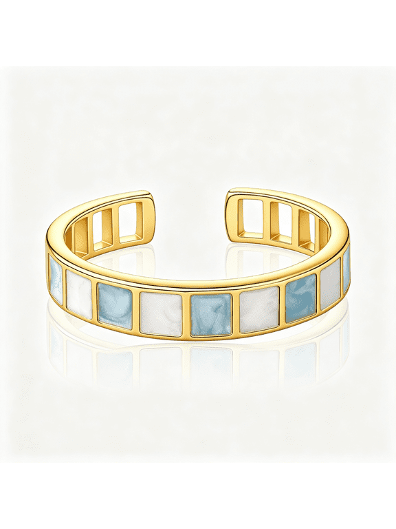 14K Gold Plated Blue White Enamel Square Geometry Open Checkered Band Ring for Women,Adjustable Y2K Ring Jewelry,Stylish Blue Ring
