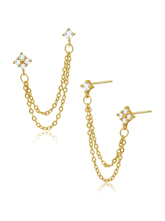 14K Gold Plated Chain Double Piercing Earrings for Women Double Stud for Two Holes Set with Cubic Zirconia Earring Stacks for Gold Dangling Plated Double Piercing Double Piercing Earrings