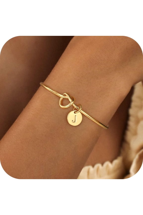 14K Gold Plated Charms Dainty Cuff Bangle Knot Initial Bracelet for Women Letter A-Z Jewelry Personalized Birthday Gift for Women Girls Charm Bracelet Gold