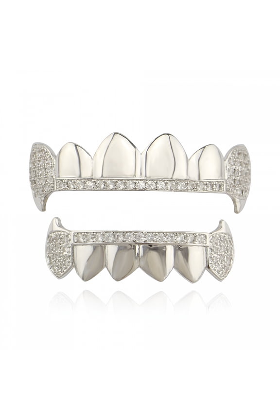 14K Gold Plated Iced Out CZ Top and Bottom Vampire Fangs Grillz for Your Teeth
