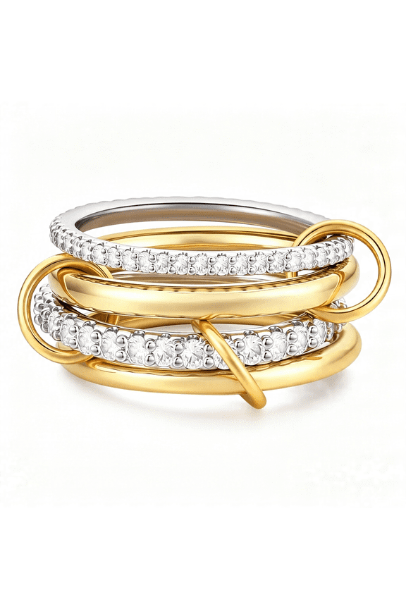 14K Gold Plated Interlocked Stackable Rings for Women Non Tarnish,Gold and Silver Cubic Zirconia Statement Rings Set,Mixed Metals Ring Two-Toned Connected Bands Stacking Jewelry