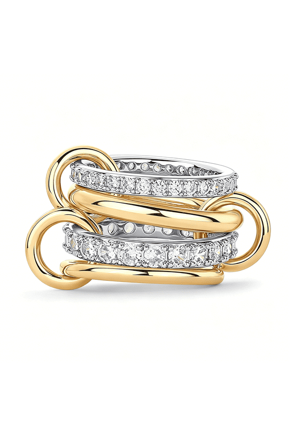 14K Gold Plated Interlocked Stackable Rings for Women-Statement Mixed Metals Multi Ring Stack-Cubic Zirconia Connected Bands Stacking Jewelry