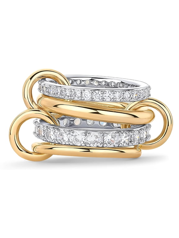 14K Gold Plated Interlocked Stackable Rings for Women | Statement Multi Ring Mixed Metals Stack | Cubic Zirconia Two-Toned Stacking Jewelry Stacking Rings