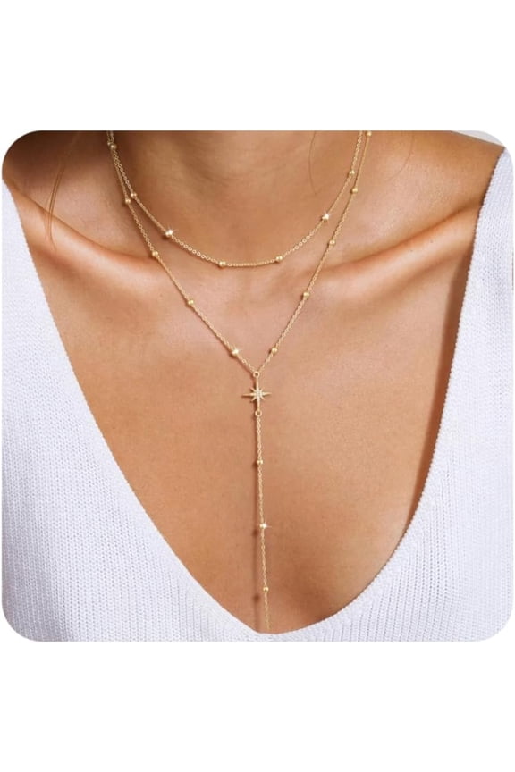 14K Gold Plated Layered Lariat Necklace for Women-Waterproof Non-Tarnish Dainty Gold Chain Necklace,Long Statement Jewelry for Wedding,Prom,Vacation Gifts