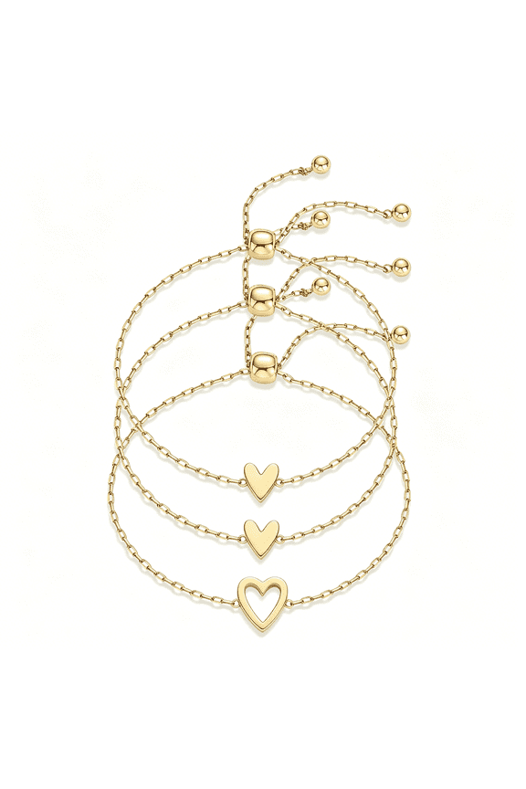 14K Gold Plated Matching Heart Charms Solitaire Bracelet Set for Women | Adjustable Valentines Day Love Friendship Two Bracelet Pack