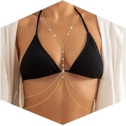 DESIGNICE 14K Gold Plated Sexy Body Chains for Women, Layered Rhinestone Crossover Bikini Bra Body Jewelry, Summer Beach Crystal Belly Waist Chain