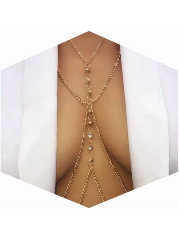14K Gold Plated Sexy Body Chains for Women,Layered Rhinestone Crossover Bikini Bra Body Jewelry,Summer Beach Crystal Belly Waist Chain