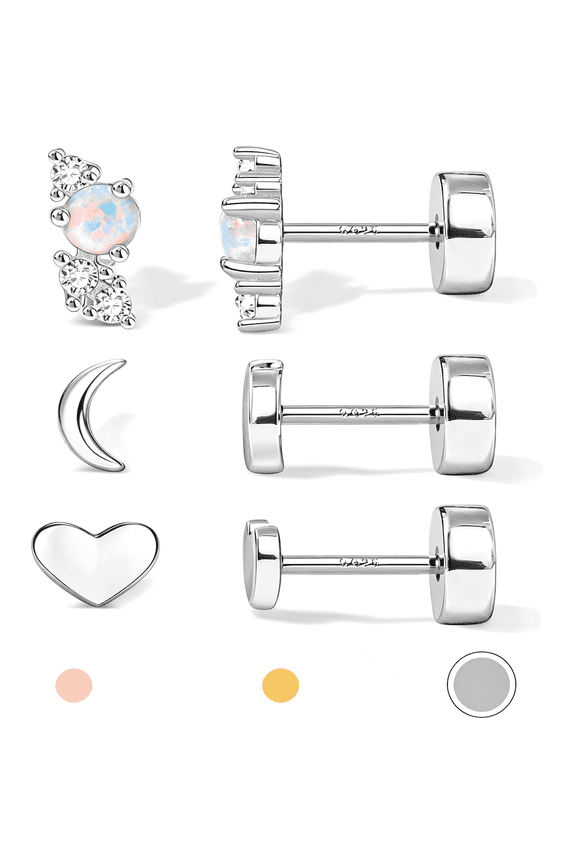 14K Gold Plated Solid 925 Sterling Silver Post Flat Back Earrings Stud | Cartilage Conch Tragus Piercing Jewelry 3 Pairs Tiny Screw Dainty Cz Opal Earring Set Men Women