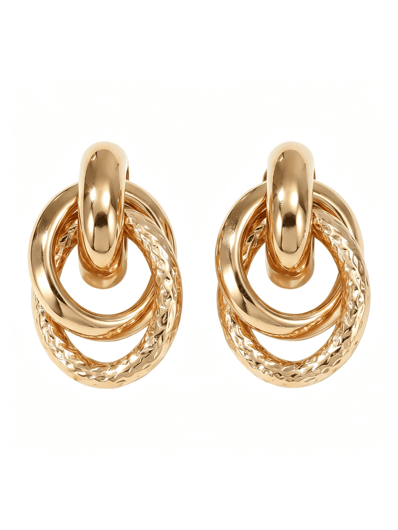 14K Gold Plated Textured Interlocking Double Ring Stud Earrings for Women,Modern Gold Statement Earrings with Surgical Stainless Steel Posts 14K Gold Stud Earrings for Women