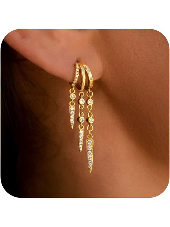 14K Gold Plated Triple Huggie Earrings for Women, Dainty Dangle Drop Chain Hoop Earrings Set, Hypoallergenic Tarnish Free Fashion Jewelry Gift for Women