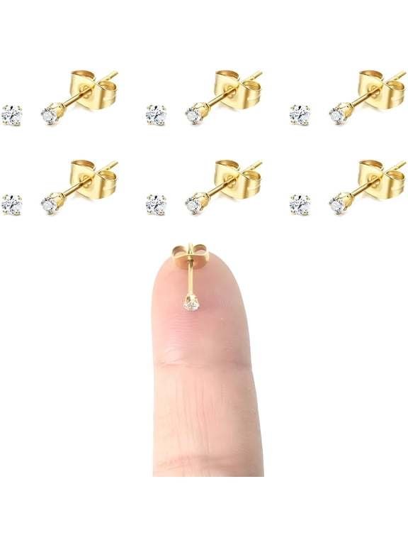 14K Gold Plating Tiny 2MM Cubic Zirconia Stud Earrings Minimal 20G Cartilage Piercing Ear Studs Smallest CZ Post Earrings for Women&Men