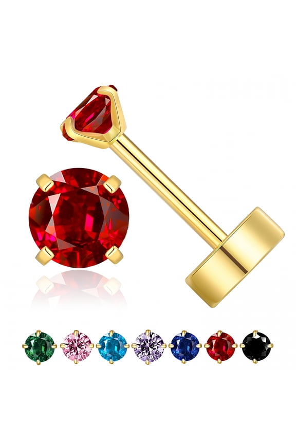 14k Gold Plated Small Flat Back Stud Earrings for Women,Hypoallergenic Flatback Cartilage Earring Stud,Helix Conch Tragus Piercing Jewelry,Screw Back Tiny Earrings Studs (Gold, Red Garnet)