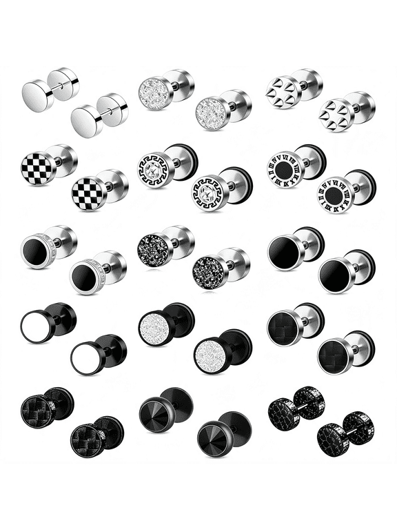 15 Pairs Fake Gauge Earrings Stainless Steel Cz Barbell Cartilage Stud Earrings Set Plug Earrings Faux Gauges Ear Tunnel for Men Women Black Silver Plated 8Mm 10Mm