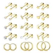 15 Pairs Flatback Stud Earrings, Surgical Steel Nickel-Free Sensitive Ears Gold