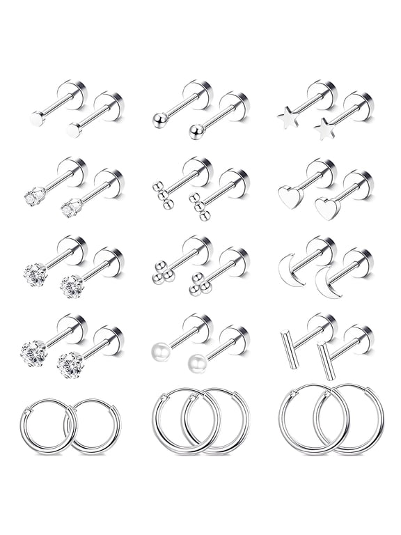 15 Pairs Flatback Stud Earrings for Women,Surgical Steel Material Cartilage Earrings for Women,Nickel Lead Free Hypoallergenic Earrings for Sensitive Ears Women,Silver