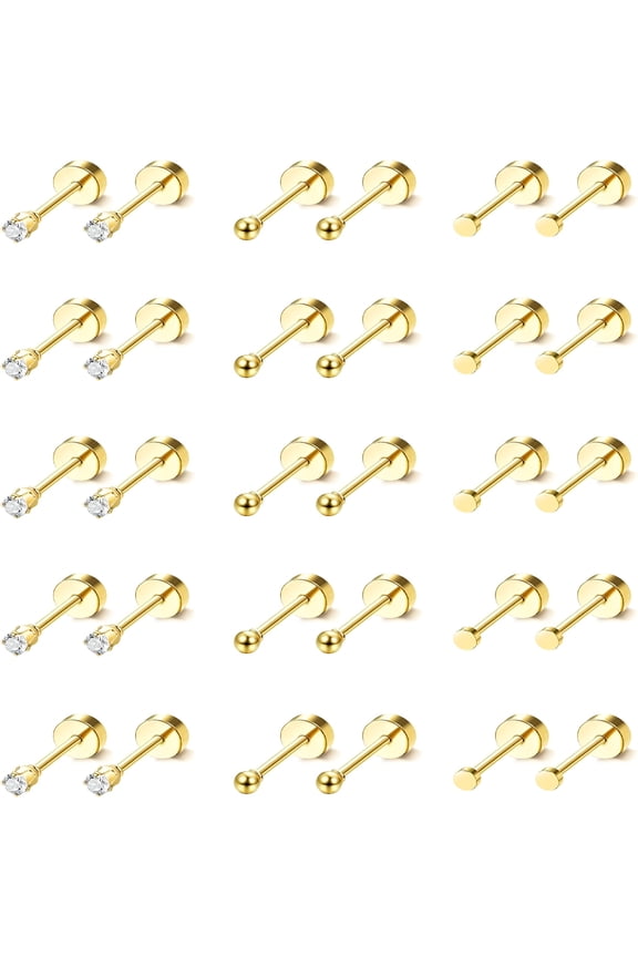15 Pairs Tiny Gold Stud Earrings - 2mm Surgical Steel Flat Back with Screw Backing, CZ Ball Micro Earrings for Women