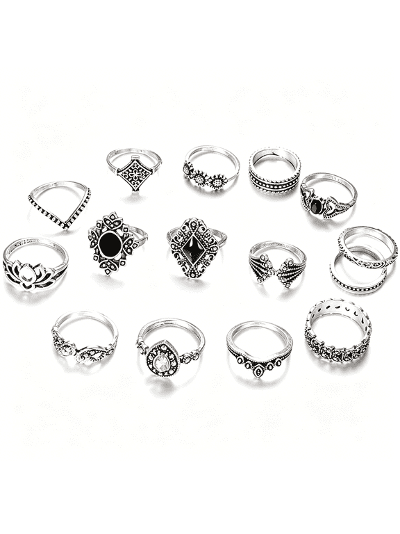 15 Pcs Vintage Silver Joint Knot Rings Set Women Bohemian Stackable Joint Finger Rings Retro Stone Crystal Stacking Rings