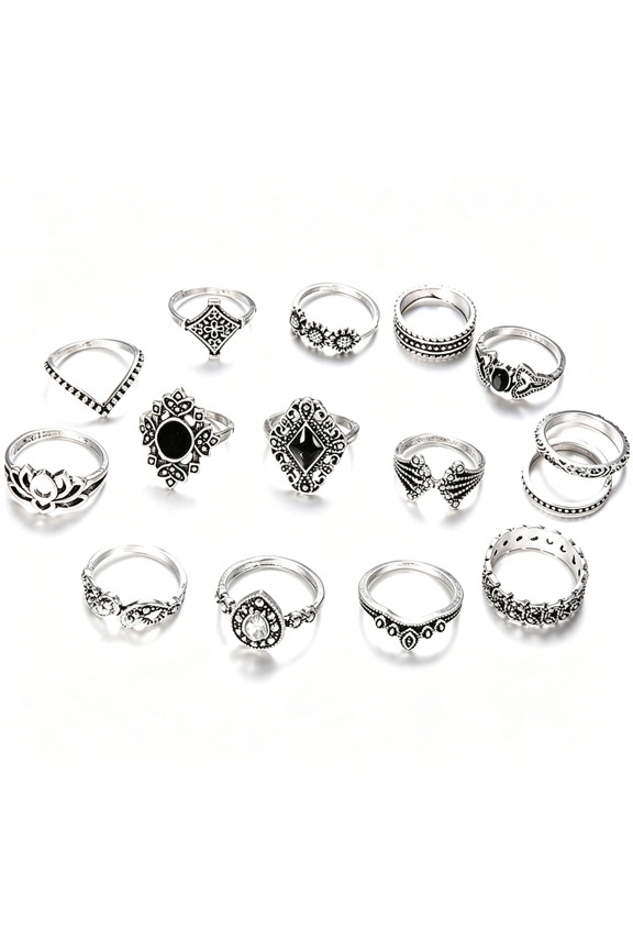 15 Pcs Vintage Silver Joint Knot Rings Set Women Bohemian Stackable Joint Finger Rings Retro Stone Crystal Stacking Rings