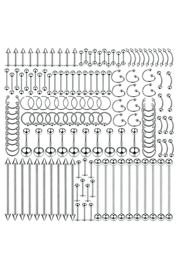 150Pcs Piercing Kit Jewelry Stainless Steel Lip Nose Tongue Tragus Cartilage Daith Eeybrow Belly Button Rings Body Piercing Tools 14G 16G 20G Stainless Steel Piercing Kit with Jewelry