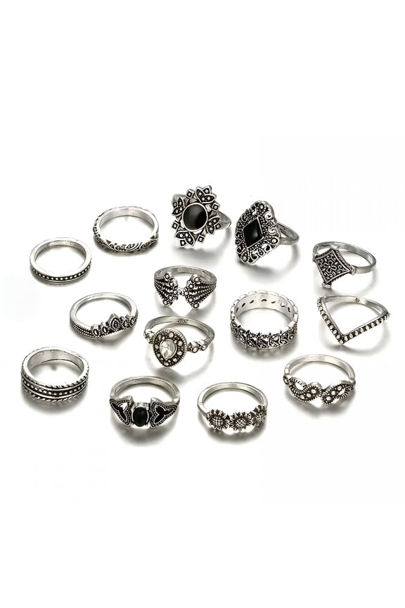 15Pcs Boho Retro Crystal Flower Ring Set for Women, Hollow Lotus Leaf Geometric Stacking Rings, Jewelry Gift for Festival and Party