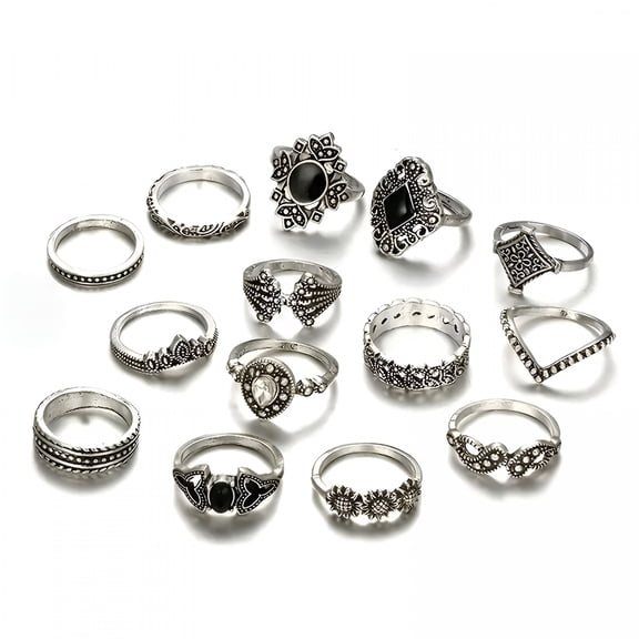 DESIGNICE 15Pcs/Set Rings for Women Bohemian Retro Crystal Flower Leaves Hollow Lotus Gem Ring Set Wedding Anniversary Gift