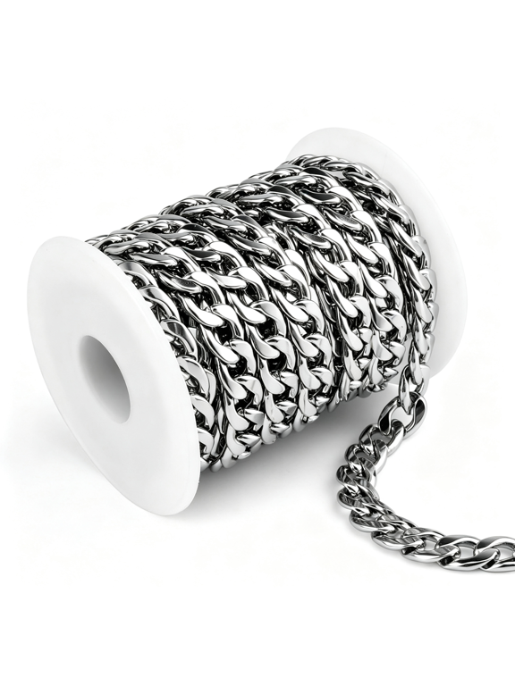 16.5Ft Stainless Steel Cuban Chains 9Mm Curb Link Chain for Jewelry Making | Silver Jewelry Chain Roll Bulk for Necklace Bracelet Crafts, Durable Stainless Steel Curb Chain