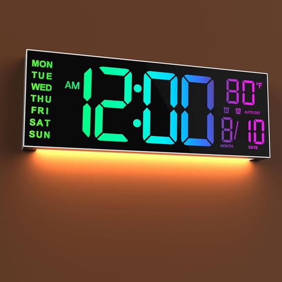 DESIGNICE 16" Large Digital Wall Mount Clock,Count Down Timer,Alarm,Big Led,8 Rgb Color,Dst,Temperature for Living Room Classroom Desk,Xmas,Birthday Gift for Senior Mom Dad (White Shell,16"Es)