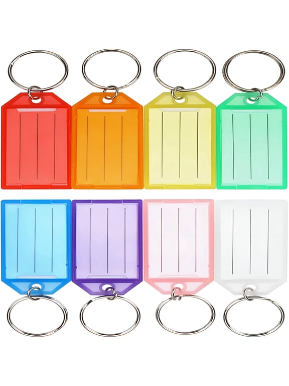 16 Pack Plastic Key Tags with Label Window and Rings, 8 Colors