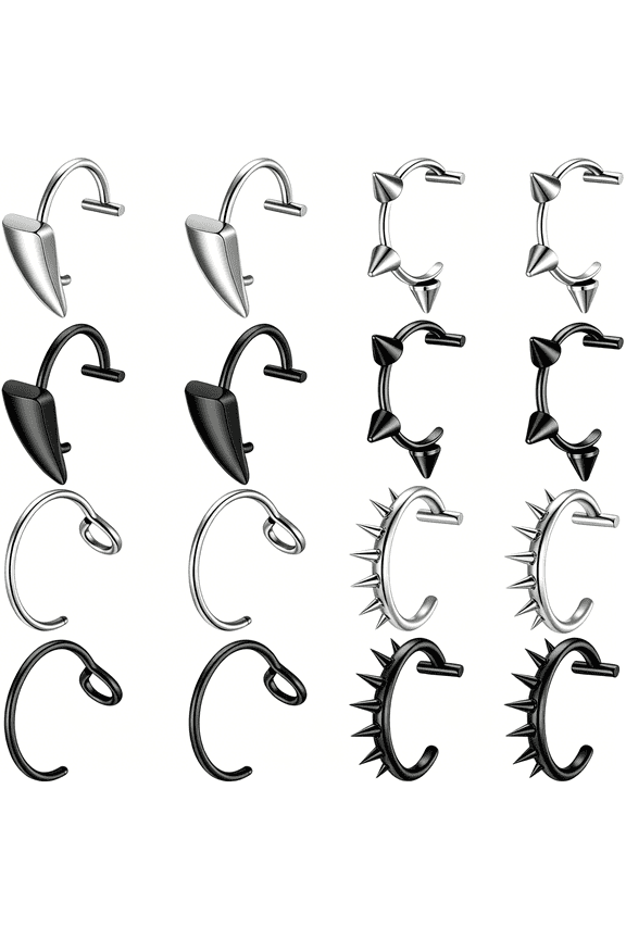16 Pcs Fake Nose Ring Hoop Nose Ring Stud Fake Lip Piercing Septum Non Piercing Lip Rings Faux Noses Ear Lips Cuffs Teeth Rings Non Piercings Jewelry for Women Men