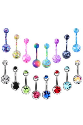 16 Pcs Stainless Steel Double Rhinestone Belly Button Color Navel Ring Set