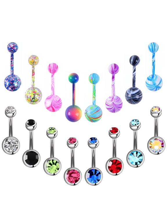 16 Pcs Stainless Steel Double Rhinestone Belly Button Color Navel Ring Set