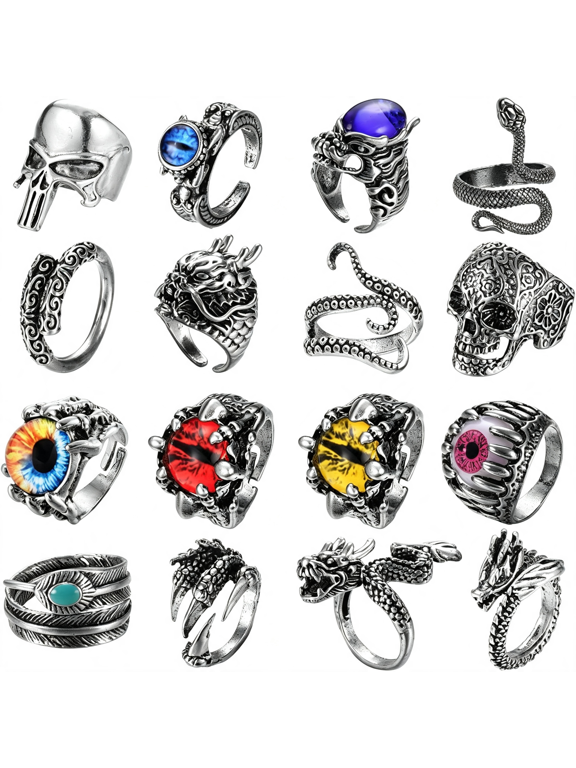 16 Pieces Vintage Punk Rings for Men Women Gothic Rings Black Dragon Snake Claw Skull Octopus Eyes of Hell Open Adjustable Rings Set 16 Pieces Open Gothic Rings