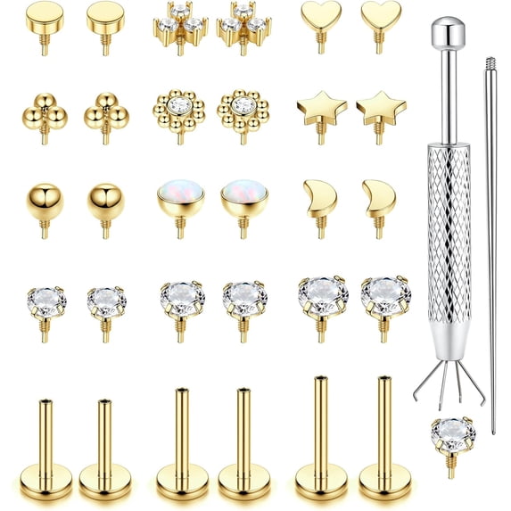 DESIGNICE 16G 18G Flat Back Stud Earrings for Women-Hypoallergenic Surgical Steel Internal Thread Stud Piercing Jewelry for Tragus Helix Cartilage Conch Nose 6Mm 8Mm 10Mm Lip Labret Medusa Piercing