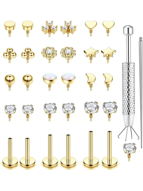 16G 18G Flat Back Stud Earrings for Women-Hypoallergenic Surgical Steel Internal Thread Stud Piercing Jewelry for Tragus Helix Cartilage Conch Nose 6Mm 8Mm 10Mm Lip Labret Medusa Piercing