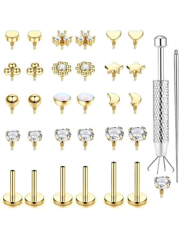 16G 18G Flat Back Stud Earrings for Women-Hypoallergenic Surgical Steel Internal Thread Stud Piercing Jewelry for Tragus Helix Cartilage Conch Nose 14K Gold Plated Lip Labret Piercing