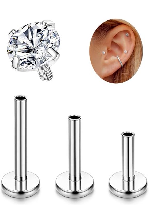 16G G23 Titanium Tragus Helix Piercing Jewelry, Internally Threaded Flat Back Cartilage Studs, Hypoallergenic Labret