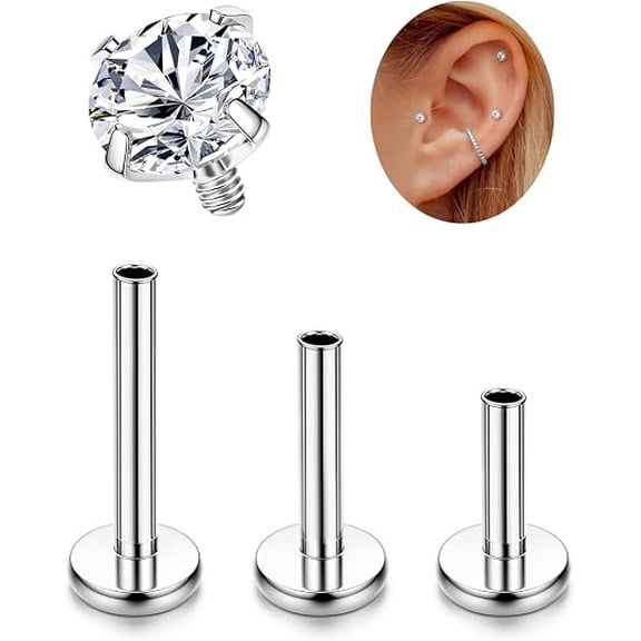 DESIGNICE 16G G23 Titanium Tragus Helix Piercing Jewelry, Internally Threaded Flat Back Cartilage Studs, Hypoallergenic Labret