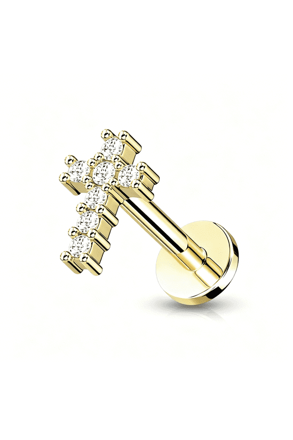 16G Stainless Steel Internally Threaded Cz Crystal Paved Cross Top Flat Back Labret Monroe Lip Cartilage Ear Lobe Stud Cross Nose Piercing