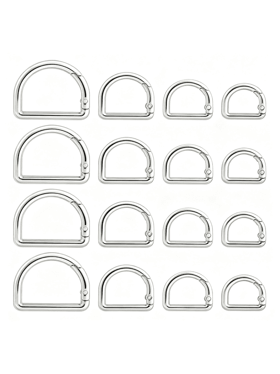 16Pcs D Ring Spring Key Hooks, 4 Size of Metal Keyring Clip Spring Ring Buckles for Backpack Handbag Purse Strap Keychain Clip (D Rings for Purse, Silver)