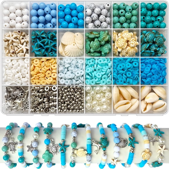 DESIGNICE 1860Pcs Ocean Beads for Bracelets Making Kit,Blue and White Summer Beach Bead for Jewelry Making,Sea Turtle Shell Starfish Shape Beads 8Mm Round Clay Bead for Diy Bracelets Earring(Blue)