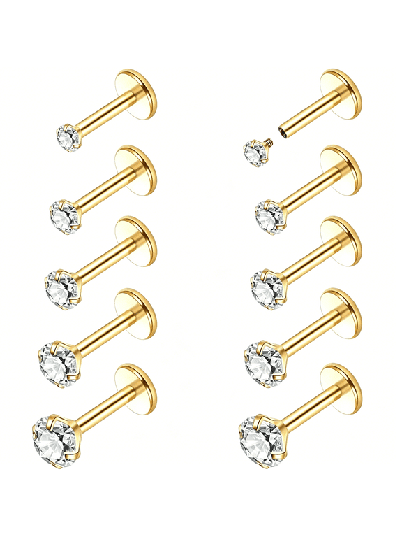 18G 16G Flat Back Stud Earrings 14K Gold Plated Internally Threaded Cz Stud Piercing Jewelry for Tragus Helix Cartilage Conch Nose Hypoallergenic Lip Labret Medusa Piercing