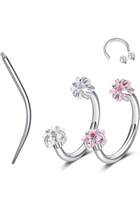 Horseshoe Nose Rings, Surgical Steel CZ Nose Studs, Internally Threaded, Pink Zirconia Set
