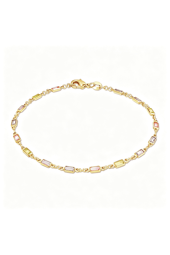 18K Gold Plated Baguette Multi Stone Crystal Bracelet for Women,7.5"Es-Made in Brazil Elegant Gold Plated Bracelet